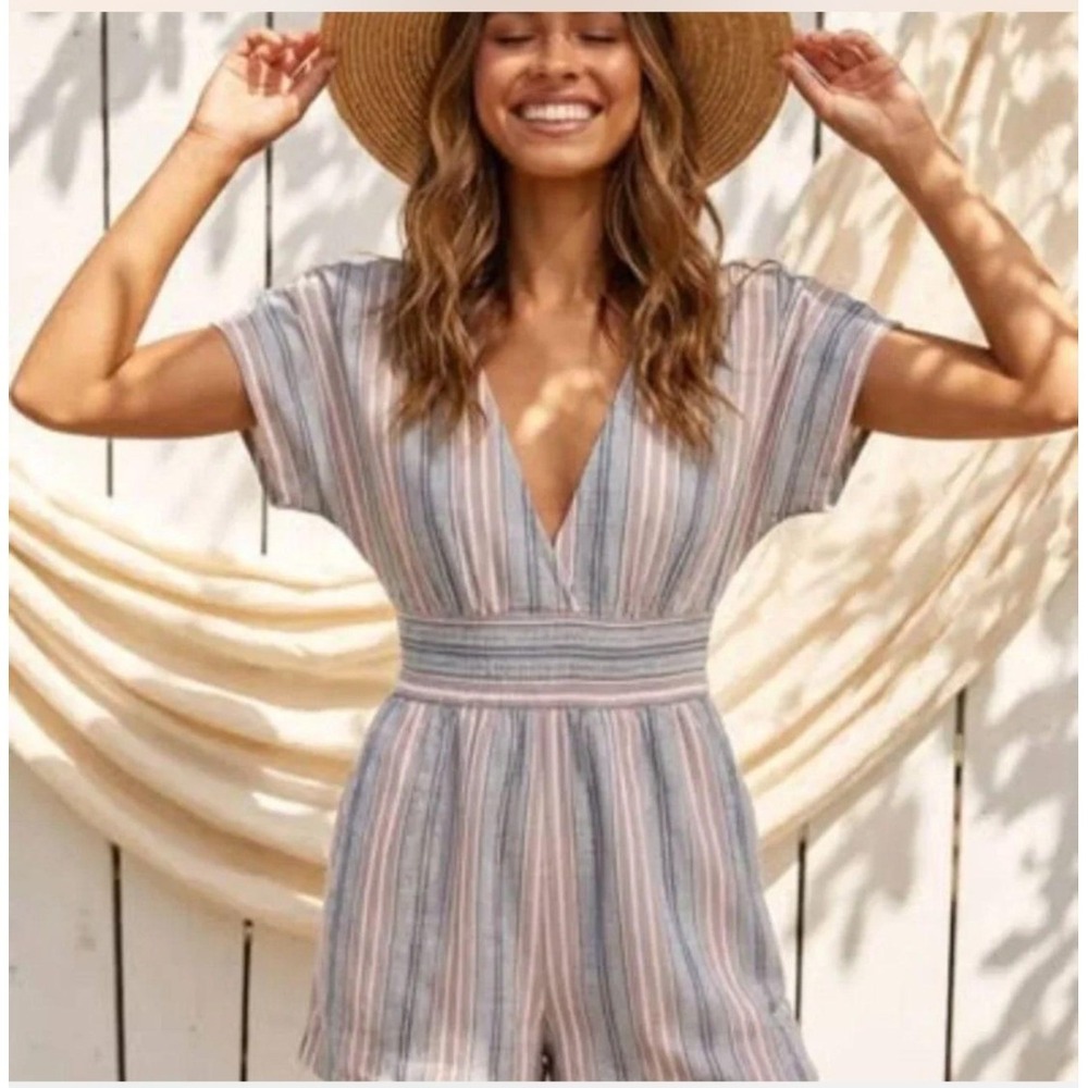 American Eagle Linen Blend Striped Romper Blue Pink V-Neck Tie Back Boho Small